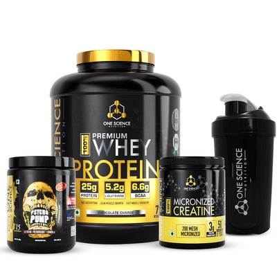 One Science Premium Whey Protein 5lb + free Creatine 150 gm + Free Psycho Pump 15 sv + Free Shaker